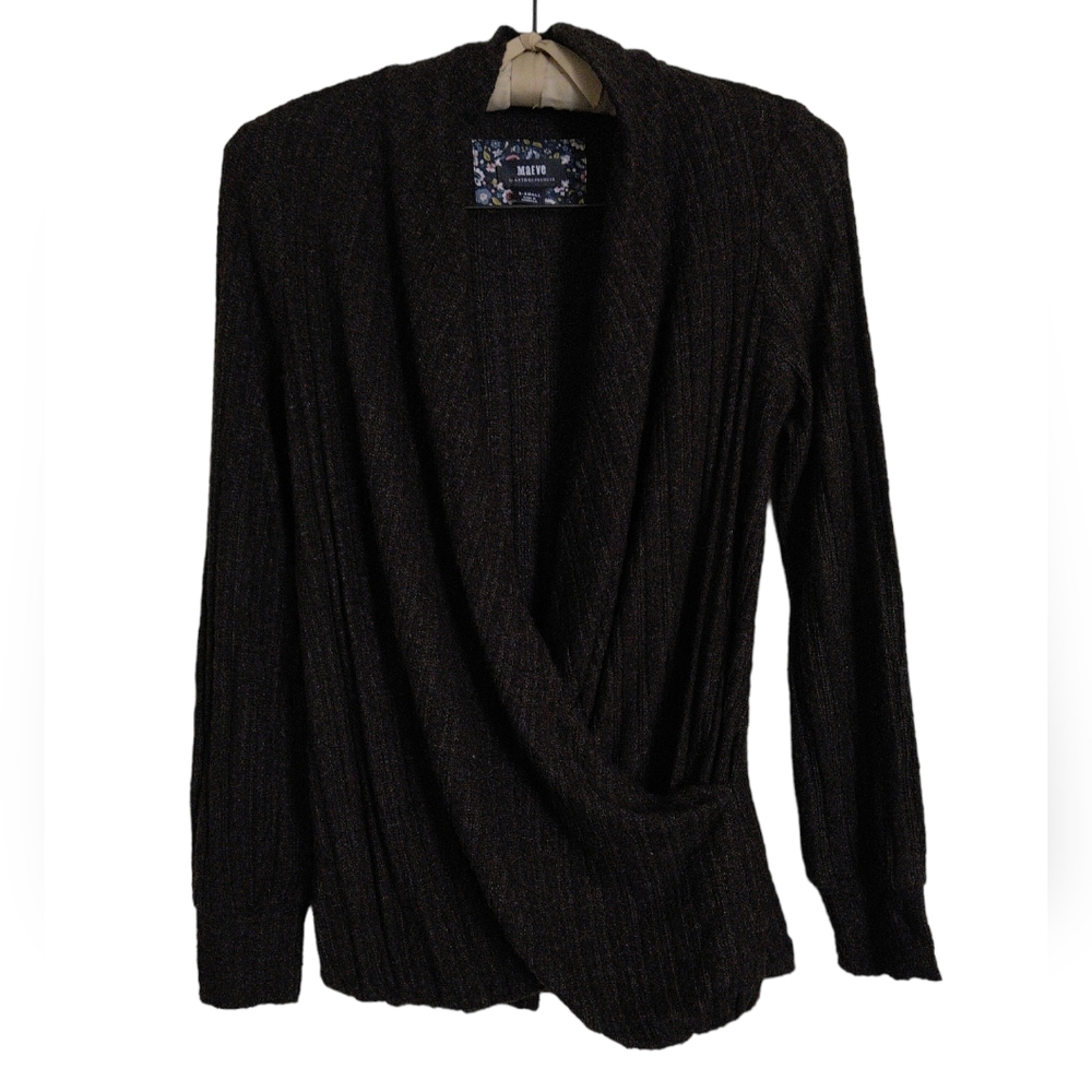 Maeve By Anthropologie XS Brown Ribbed Wrap Low V-Neck Sweater Knit Top